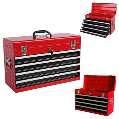 Heavy Duty Metal Tool Box, 21-inch, Portable Metal Tool Box with 4 Drawers, Small Tool Chest with EVA Liners, Ball Bearing Slide Drawers Locking & Powder Coated Finish, Multi-Function Tool Organizer - color: Tool Box-black&red