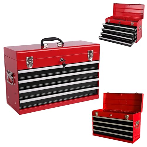 Heavy Duty Metal Tool Box, 21-inch, Portable Metal Tool Box with 4 Drawers, Small Tool Chest with EVA Liners, Ball Bearing Slide Drawers Locking & Powder Coated Finish, Multi-Function Tool Organizer - color: Tool Box-black&red