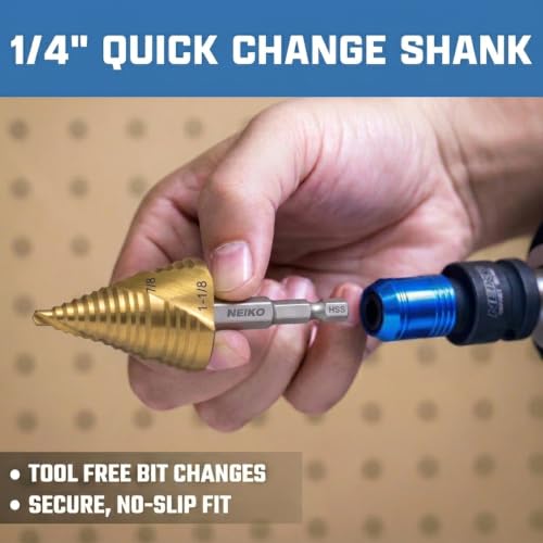 NEIKO 10629A Step Drill Bit, 2 Steps 7/8" to 1-1/8" Spiral High Speed Steel, Titanium Nitride Coated, 1/4" Quick Change Step Bits for Steel, Metal, Wood, Plastic, Unibit Cone Drill Bits, Two Flute - size: #9 (7/8 - 1-1/8", 2S), style: Spiral