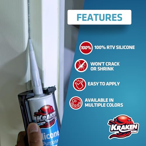 Kraken Bond RTV Silicone Sealant White (12 x 10.1 fl.oz.)%100 Waterproof Silicone Caulk Kitchen and Bathroom, All Purpose, Window Caulking Sealant Outdoor, RV, 12 Pack - size: 12 Pack