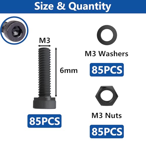 285PCS M3 x 6mm Screws with Nuts and Washers, Hex Socket Head Cap Screws 12.9 Grade Alloy Steel M3 Bolts with Hex Wrench - color: BK-M3 x 6mm