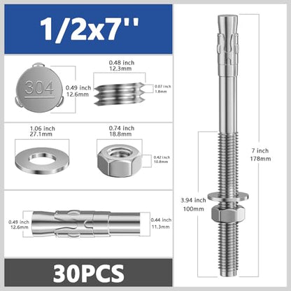 Wensilon 30Pcs 1/2x7 Inch Standard Fasteners for Heavy-Duty 304 Stainless Steel Wedge Anchors for Cement and Concrete - size: 1/2x7"