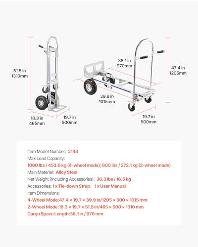 VEVOR 2 in 1 Hand Truck, 1000 lbs Load Capacity for 4-Wheel Mode, Convertible Hand Truck Dolly with Non-Slip Handle & Wheels, Portable Trolley Dolly for Moving Home, Office, Warehouse, Supermarket - size: 1000 lbs