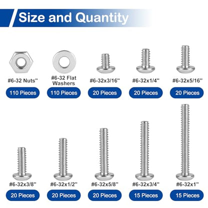 #6-32 x 3/16" to 1" Phillips Pan Head Machine Screws Kit with Nuts Washers - size: #6-32