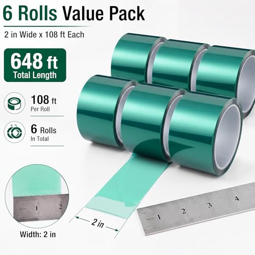 6 Pcs High Temp Tape 648 ft PET Heat Resistant, 2" - size: 2"