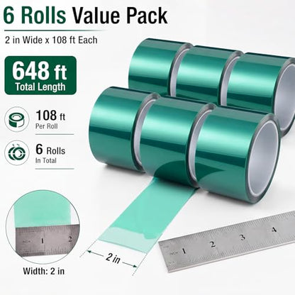 6 Pcs High Temp Tape 648 ft PET Heat Resistant, 2" - size: 2"