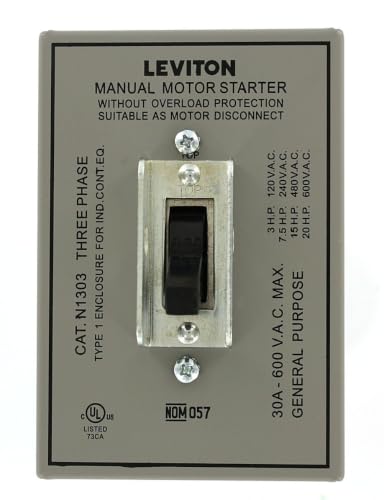 Leviton 30 Amp, 600 Volt, Toggle Three-Pole AC Motor Starter, Suitable as Motor Disconnect, In Type 1 Metal Enclosure, Industrial Grade, Grounded, N1303-DS, Gray - color: Gray
