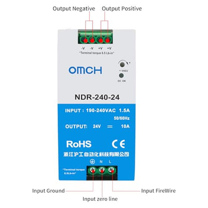 24V 10A DIN Rail Power Supply, 240W Switching Power Supply