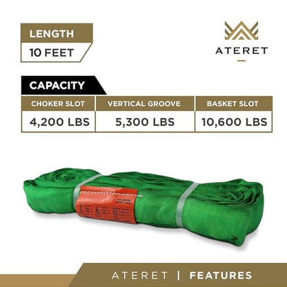 ATERET Powerlift Green Polyester Endless Round Sling - 10 Feet Length, 5,300 lb. Vertical Capacity, 10,600 lbs Basket - Heavy Duty Poly Lifting Sling - color: 02 Green - Vertical Capacity 5,300 lbs, size: 10FT