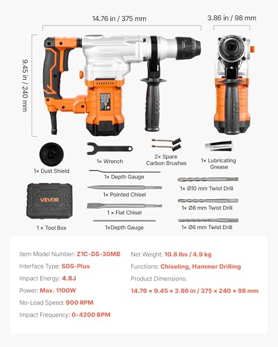 VEVOR Rotary Hammer Drill, 1-1/8 in SDS-Plus Electric Corded Heavy Duty Rotary Hammer, Including 3 Drill Bits, Flat Chisel, Pointed Chisel, Grease, Brush, and Carrying Case, for Concrete and Masonry - size: 1-1/8 in