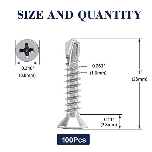 #10 x 1" Sheet Metal Screws 100Pcs 410 Stainless Steel Flat Head Tek Screws Fast Self Tapping Screws by SG TZH - size: #10 x 1"