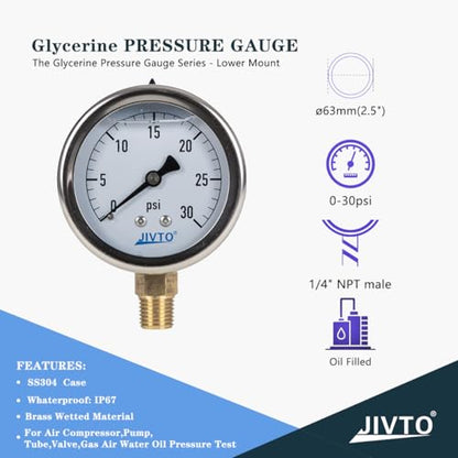 Pressure Gauge,Glycerin Liquid Filled,2.5" Dia,0-30 psi(Single Scale),1/4" NPT Brass Connection,Lower Mount, Stainless Steel Case,for Pneumatic,Pump,Hose,Well Tank,Gas Air Water Oil - size: 0-30 psi, style: lower mount(single scale )