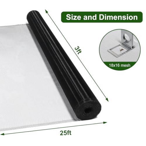 3x25' Aluminum Window Screen mesh, Replacement Mosquito Net Roll, Black - color: Black, size: 3'x25'