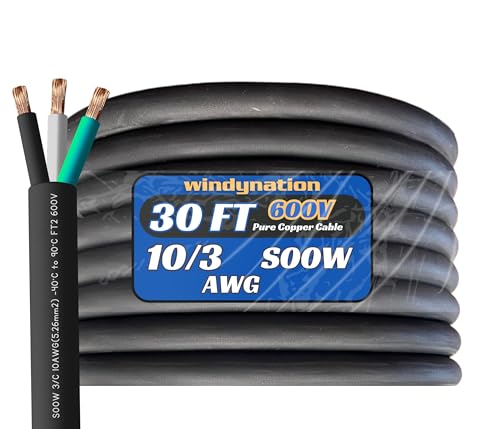 WindyNation 30 Feet 10/3 10 AWG SOOW SO Cable Cord Wire - 10 Gauge 3 Conductor 600V Portable Power Extension Cord Cable for EV Chargers, Motor Leads, Portable Lights, and Battery Chargers - size: 30 Feet