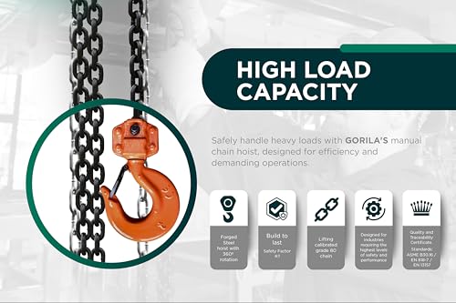 GORILA Hand Chain Hoist 4400lbs 10ft (2 ton 3 Meters) with 2 Heavy Duty Hooks and Forged Locks | Safety Factor 4:1 | Since 1989 - size: 4400lbs - 10ft / 2t - 3m