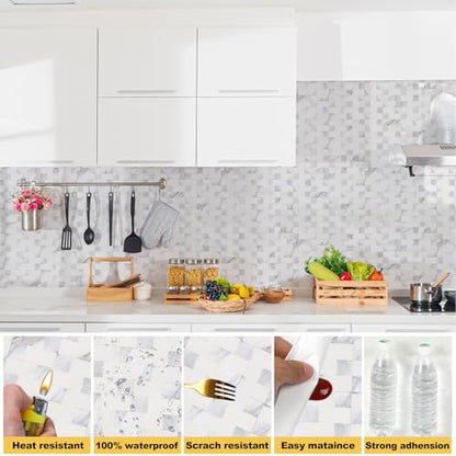 Yipscazo Peel and Stick Backsplash Tile, Stick on Stainless Steel Backsplash Metal Tiles for Kitchen Walls in Marble White Mixed Silver Metal (12''x12'',10 Sheets) - color: Marble White mixed Silver Metal