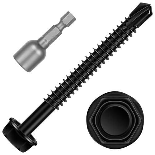#12 x 2-3/4" Hex Washer Head Self Tapping Screws, TEK Screws, Self Drilling, Stainless Steel 410 Sheet Metal Screws, Black Finish, 25 PCS - color: Black, size: #12 x 2-3/4"