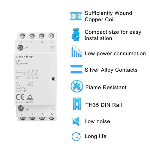 Heschen Household AC Contactor, CT1-25, Ie 25A, 4-Pole Four Normally Open, AC 24V Coil Voltage, 35mm DIN Rail Mount