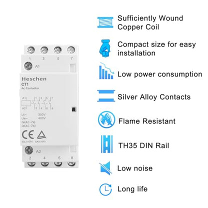 Heschen Household AC Contactor, CT1-25, Ie 25A, 4-Pole Four Normally Open, AC 24V Coil Voltage, 35mm DIN Rail Mount
