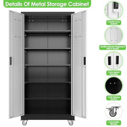 Reemoon Metal Garage Storage Cabinet with Wheels, Black and Silver - color: Black-silver, size: 16"D x 32"W x 71"H