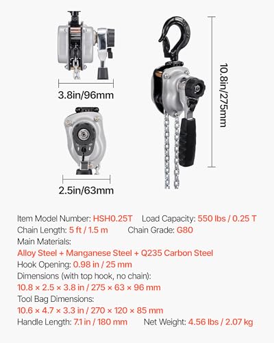 VEVOR Manual Lever Chain Hoist, 1/4T 550LBS Capacity Heavy Duty Come Along, 5FT Lift G80 Alloy Steel Chain with Dual Pawl Mechanical Brake,360°Rotating Hooks, for Warehouse Construction Garage
