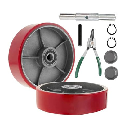 Pallet Jack/Truck Steering Wheels Set with Axle, Fasteners and Protective Caps (2 pcs) 7" x 2" with Bearings ID 20mm Poly Tread With Tools （Red） - size: 7" x 2" & tool