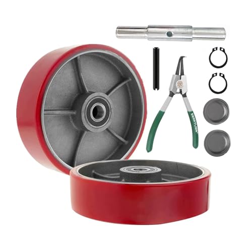 Pallet Jack/Truck Steering Wheels Set with Axle, Fasteners and Protective Caps (2 pcs) 7" x 2" with Bearings ID 20mm Poly Tread With Tools （Red） - size: 7" x 2" & tool