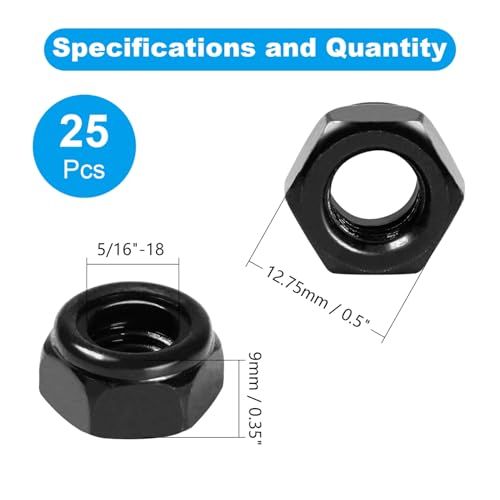 25Pcs 5/16"-18 Nylon Insert Hex Lock Nuts Self-Locking Nut - size: 5/16"-18; 25pcs