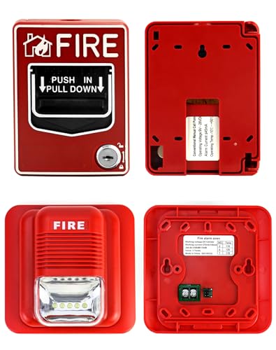 QWORK Wired Emergency Sound and Light Fire Alarm Station, 12 / 24V DC Wired Strobe Siren Horn and Dual Action Manual Call Point Panic Button 9-28VDC with 2 Keys
