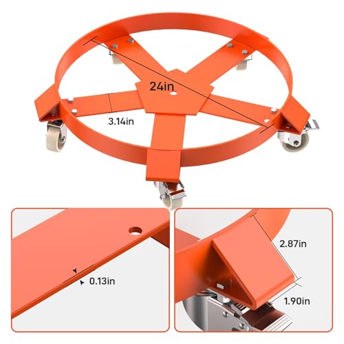 55 Gallon Drum Trash Can Dolly, Heavy Duty 1250 Lb Capacity Steel Frame with 5 Swivel Casters, Drum Dolly Cart Round for Warehouse Barrel Bucket Handling, 24 Inch Diameter, 2 Pack - size: 5 wheels