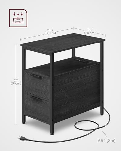 VASAGLE Side End Table with Charging Station, Slim Nightstand with Storage - color: Charcoal Gray + Ink Black, size: 23.6"D x 11.8"W