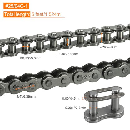 uxcell #25/04C-1 Roller Chain 5 Feet 1/4" Pitch Carbon Steel Roller Chains with 2 Free Master Connector Links for Mini Bikes, Motorcycles, 240 Links - size: 5 Feet