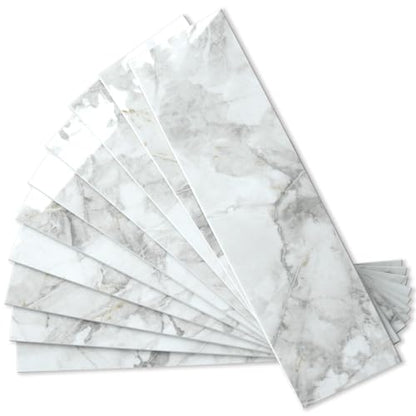 AULIGET 40-Piece Polished White Marble Peel and Stick Backsplash Wall Tiles, 3" x 12" PVC Faux Stone Stick on Tiles for Backsplash Kitchen, Bathroom, Laundry Room, Camper, Fireplace - color: Polished White Marble, size: 40 Pieces, 3"x12"x0.12"