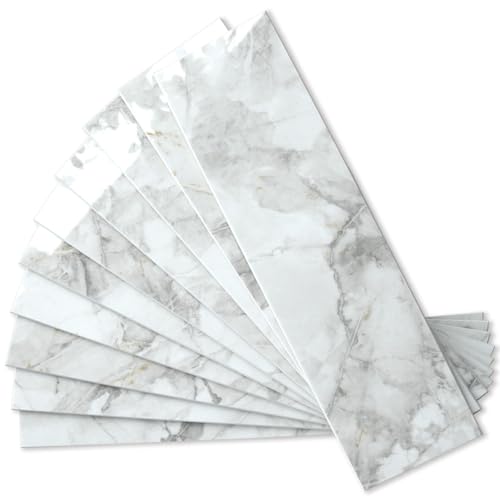 AULIGET 40-Piece Polished White Marble Peel and Stick Backsplash Wall Tiles, 3" x 12" PVC Faux Stone Stick on Tiles for Backsplash Kitchen, Bathroom, Laundry Room, Camper, Fireplace - color: Polished White Marble, size: 40 Pieces, 3"x12"x0.12"