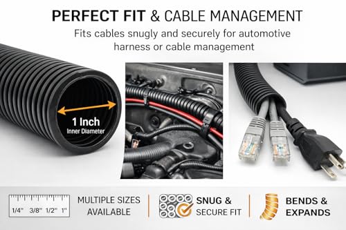 567ITG 1" x 50ft Split Wire Loom Tubing -Black Plastic Convoluted Conduit - size: 50 FT 1 Loom