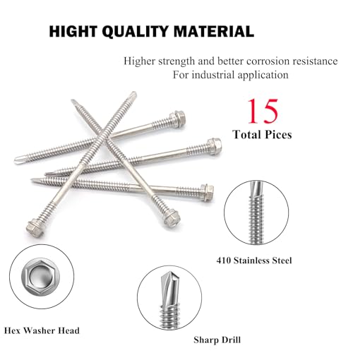 #14 x4-7/8 (1" to 4-7/8" Available) Hex Washer Head Self Drilling Screws, 410 Stainless Steel, Self Tapping Sheet Metal Tek Screws, 15 PCS - size: 15 Pcs #14 x4-7/8"