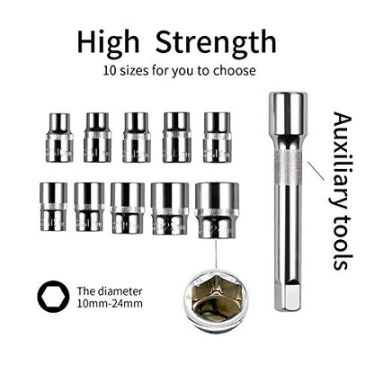Egofine 12pcs 1/2 Inch Ratchet Socket Wrench Set, Drive Socket Set with 10 Sockets 10-15,17,19,22,24mm and 2 Way Quick Released Ratchet Handle and Extension Bar - color: 12pc Standard Socket Set, size: 1/2