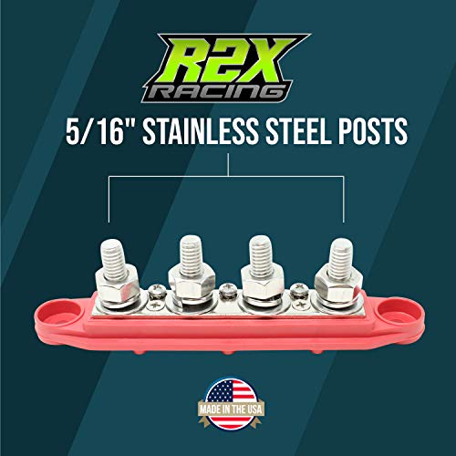 4 Post Power Distribution Block Bus Bar with Cover - Made in The USA - 250 Amp Rating - Marine, Automotive, and Solar Wiring (5/16" - Red) - size: 5/16" - Red