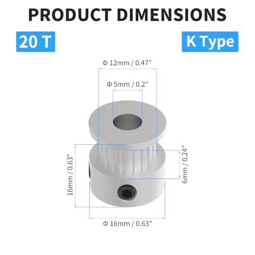 20 Teeth GT2 Timing Belt Pulley, 5mm Bore 6mm Width Synchronous Wheel GT2 Idler Pulley Fit 6mm Belt for 3D Printer Accessories and CNC Machines (7-Pack) - size: 20T 5mm Bore
