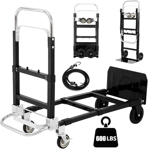 SST Upgraded Folding Hand Truck Dolly Cart, 600 LB Heavy Duty Luggage Cart, 3 in 1 Folding Hand Cart with Wheels and Bungee Cords for Moving Travel Shopping Airport Office - color: Black-01