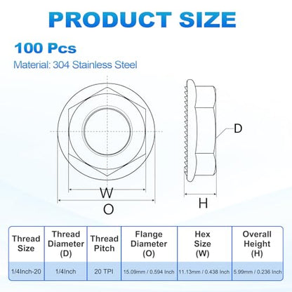 100Pcs Serrated Flange Hex Nuts 1/4"-20-UNC 304 Stainless Steel - color: Black, size: 1/4"-20
