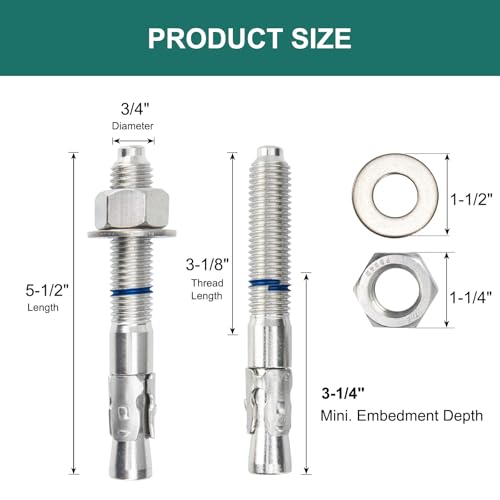3/4" x 5-1/2" Concrete Anchors (10 Pack) 3/4 inch Wedge Anchors Bolts Stainless Steel - size: 3/4"x5-1/2"