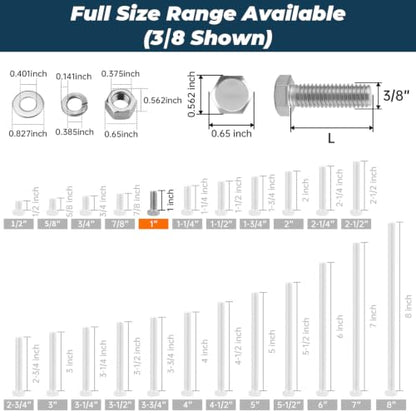 8 Sets Glvaner 3/8-16 x 1 Stainless Steel Hex Head Screws Bolts, Nuts, Flat & Lock Washers, 18-8 (304) Stainless Steel, Full Thread, Coarse Thread - size: 3/8-16 x 1"