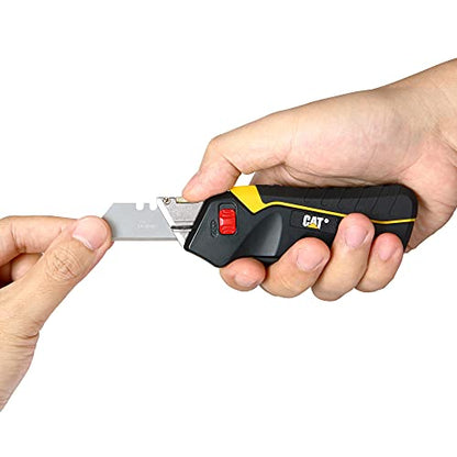 Cat Safety Utility Knife Box Cutter Self-Retracting, Squeeze Handle to Extend, Release to Retract, Lock Open w/Switch, Ergo Handle w/ 3 Safety-Tip Blades That Store Inside - 240071