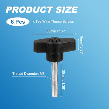 PATIKIL M6 x 35mm Tee Wing Thumb Screws, 6Pcs Carbon Steel Mechanical Handle Bolt Thumb Screws for Remove Replace Hand Clamping Tightening Knobs Power Supply, Black - size: M6 x 35mm