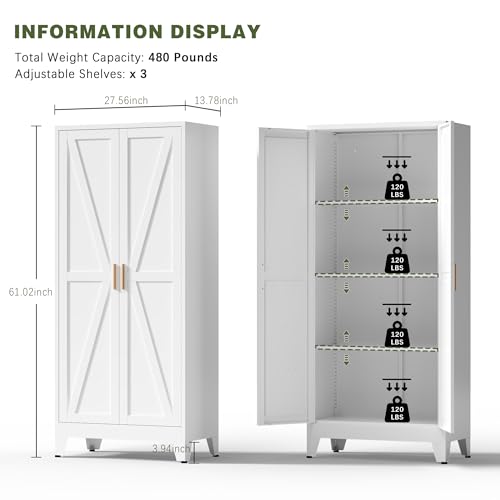 COFaR White Farmhouse Storage Kitchen Pantry Cabinet with 2 Barn Door, 3 Adjustable Shelves and Legs, for Cupboard/Dining Room/Bathroom/Living Room/Office/Laundry Room (White, 61" Farmhouse) - color: White, size: 61"H