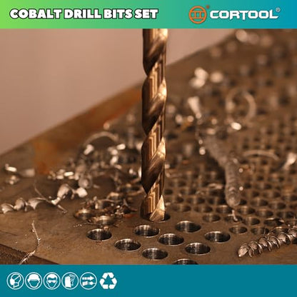 Cobalt Drill Bit Set, 15pcs Twist Jobber Length Drill Bit Kit for Hardened Metal, Cast Iron, Stainless Steel, Plastic and Wood, with Indexed Storage Case 1/16"-3/8", M35 HSS, 135 Degree Tip