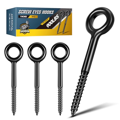 7 inch Eye Bolts - 4 Pcs Eyes Hooks Screw Heavy Duty 900 lbs Breaking Strength Black Rust-Resistant, Self Tapping Eyelet Screw for Wood Securing, Hammock Stand, Indoor & Outdoor Use - size: 7" 4Pcs