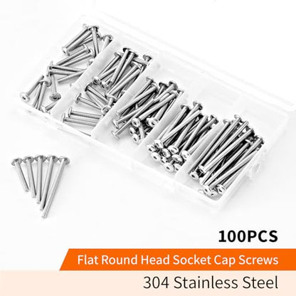 M3 x 20mm 25mm 30mm 35mm 40mm Flat Round Head Hex Socket Cap Screws Bolts, Furniture Screws, 304 Stainless Steel, Metric Fully Threaded, Allen Hex Drive, Bright Finish, Assortment Kit 100PCS - size: M3 x 20/25/30/35/40mm (100PCS)