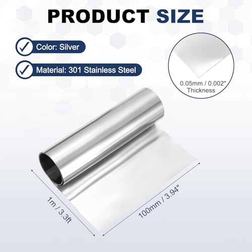 MECCANIXITY 301 Stainless Steel Foil Roll 0.05mmx100mmx1m Silver - size: 0.05mm x 100mm x 1m